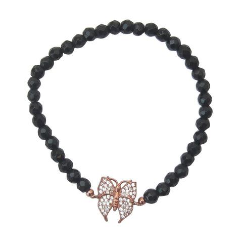 Faceted black onyx beaded bracelet with rose gold vermeil butterfly - Blooms of London - Designs inspired by nature