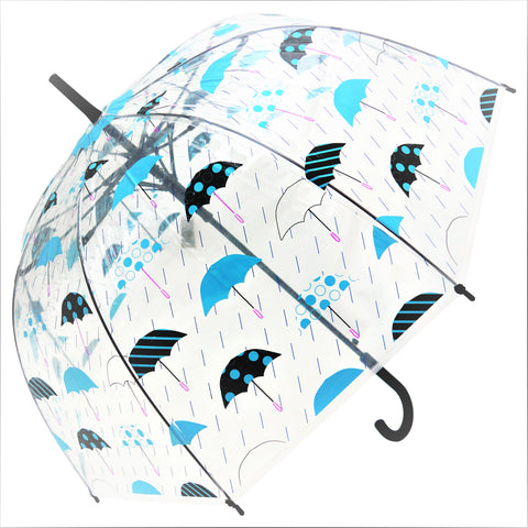 Blue Umbrella and Rain Drops  Print Transparent Umbrella
