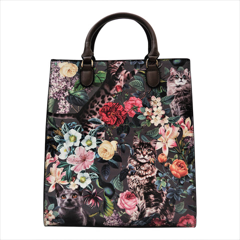 Cats in Floral Garden Print Tote Handbag